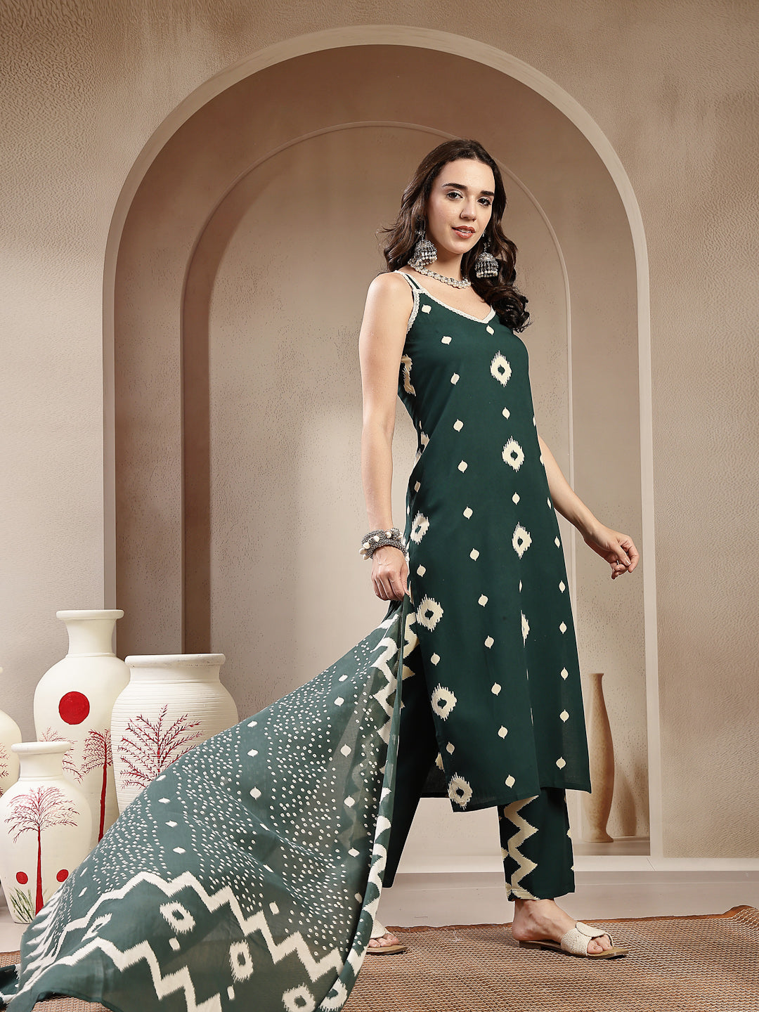Ikkat Printed Rayon Straight Kurta Pant Dupatta Set