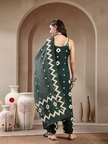 Ikkat Printed Rayon Straight Kurta Pant Dupatta Set