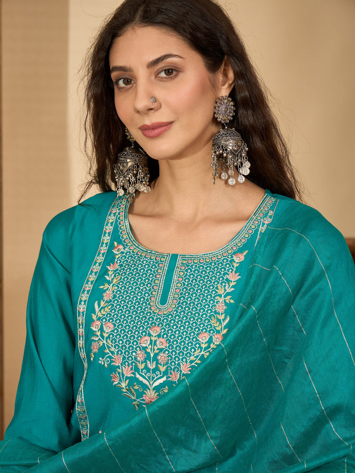 Solid &amp; Embroidered Silk Blend Straight Kurta Pant Dupatta Set