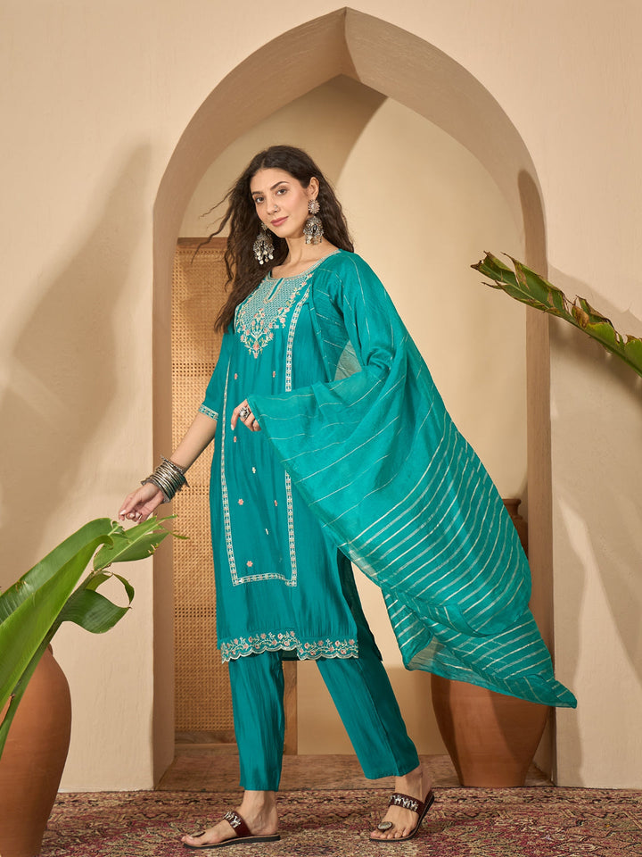 Solid &amp; Embroidered Silk Blend Straight Kurta Pant Dupatta Set