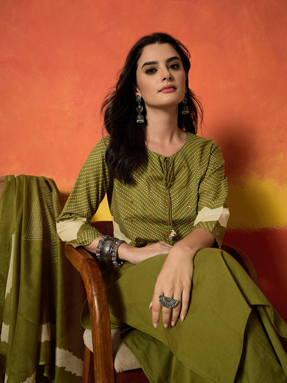 Bandhej Printed Cotton Straight Kurta Pant Dupatta Set