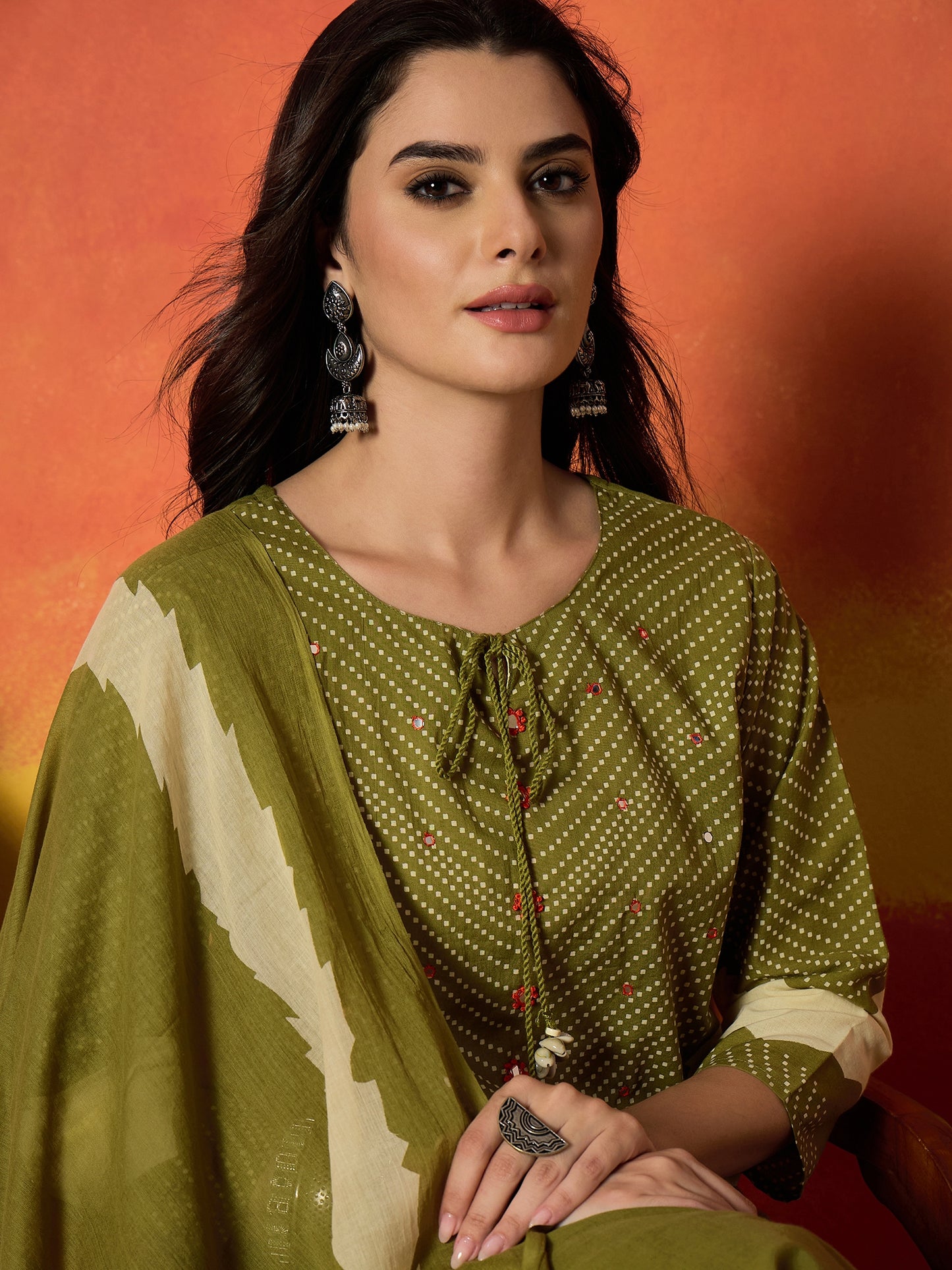 Bandhej Printed Cotton Straight Kurta Pant Dupatta Set