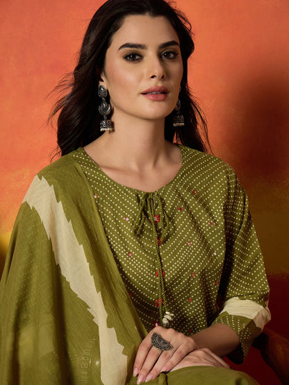 Bandhej Printed Cotton Straight Kurta Pant Dupatta Set