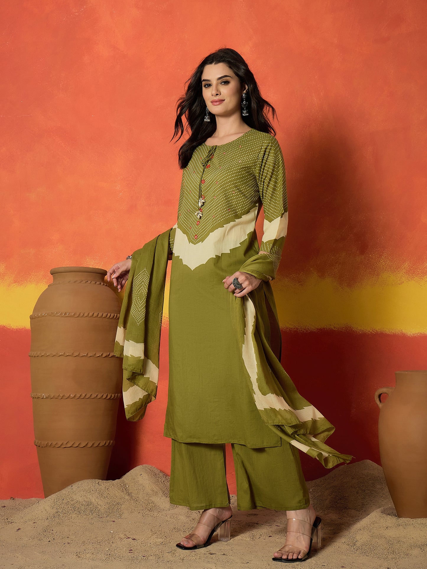 Bandhej Printed Cotton Straight Kurta Pant Dupatta Set
