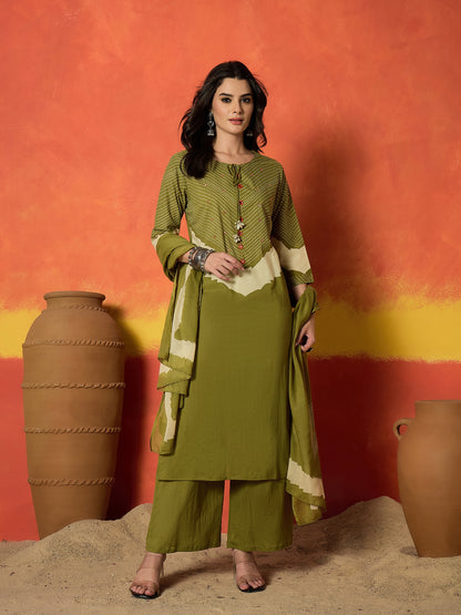 Bandhej Printed Cotton Straight Kurta Pant Dupatta Set