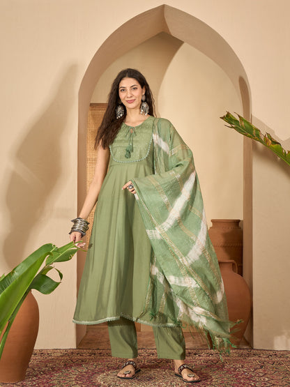 Solid & Embroidered Silk Blend A-Line Kurta Pant Dupatta Set