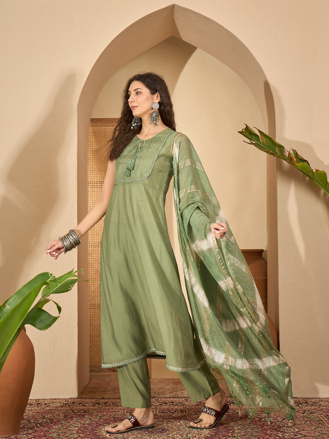 Solid &amp; Embroidered Silk Blend A-Line Kurta Pant Dupatta Set
