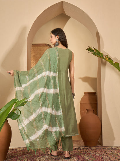 Solid & Embroidered Silk Blend A-Line Kurta Pant Dupatta Set