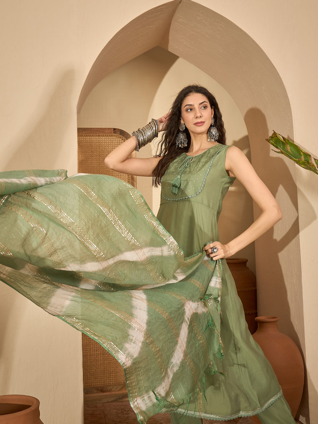 Solid &amp; Embroidered Silk Blend A-Line Kurta Pant Dupatta Set