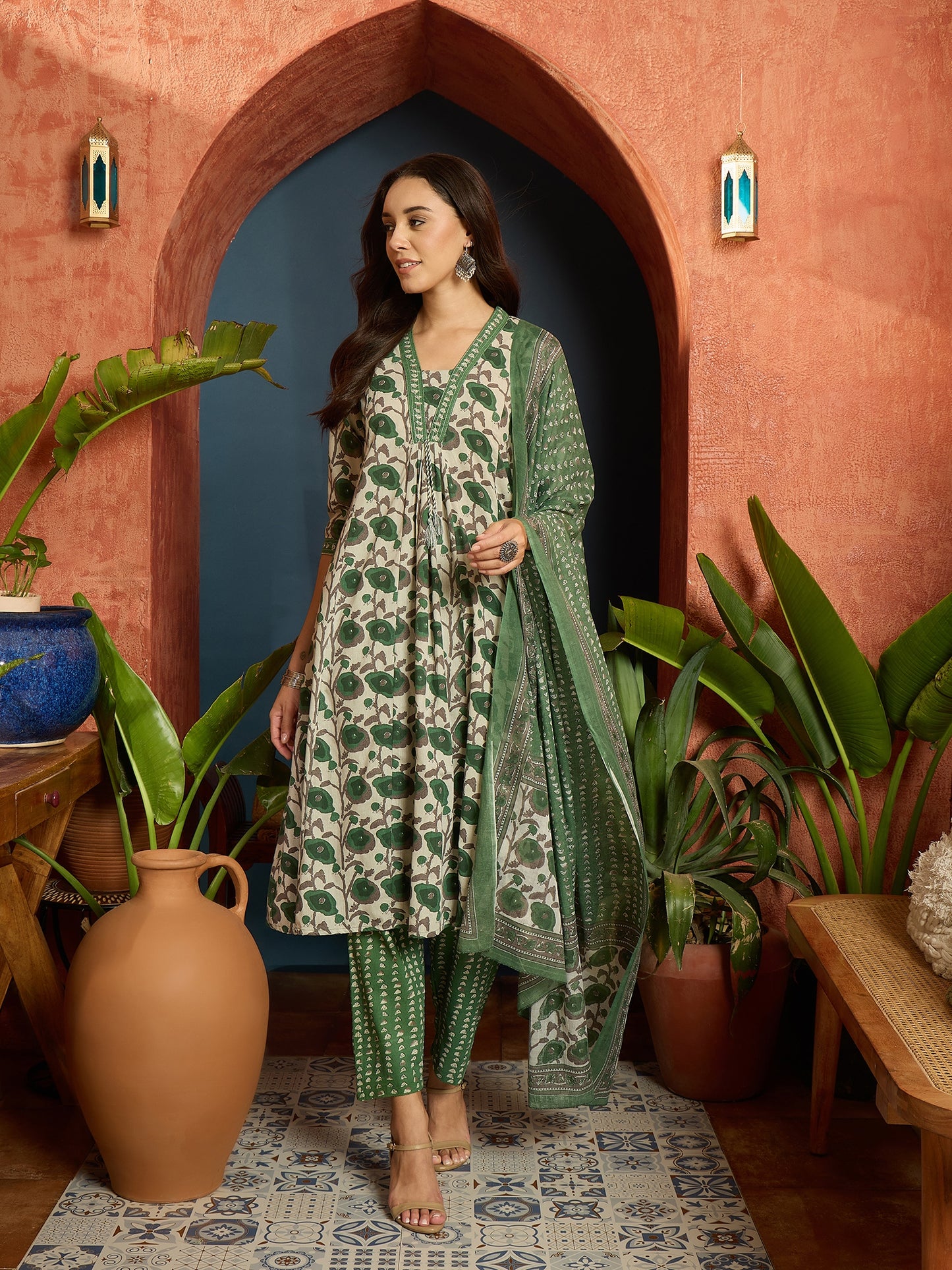 Floral Printed Cotton A-Line Kurta Pant Dupatta Set