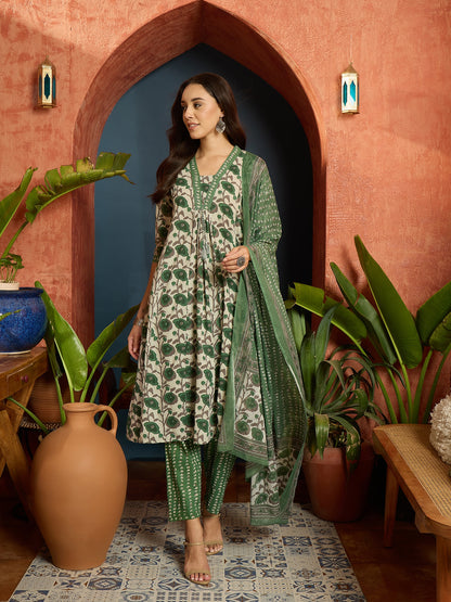 Floral Printed Cotton A-Line Kurta Pant Dupatta Set