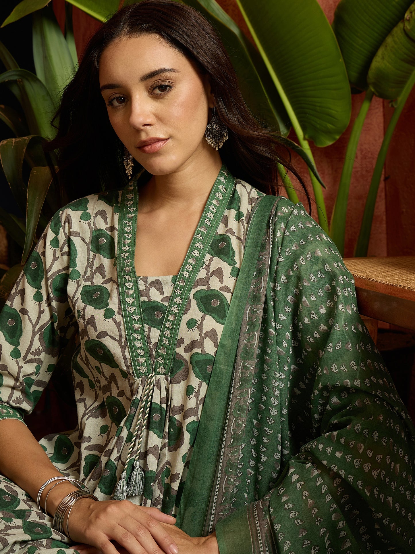 Floral Printed Cotton A-Line Kurta Pant Dupatta Set