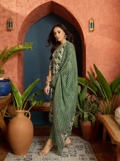 Floral Printed Cotton A-Line Kurta Pant Dupatta Set