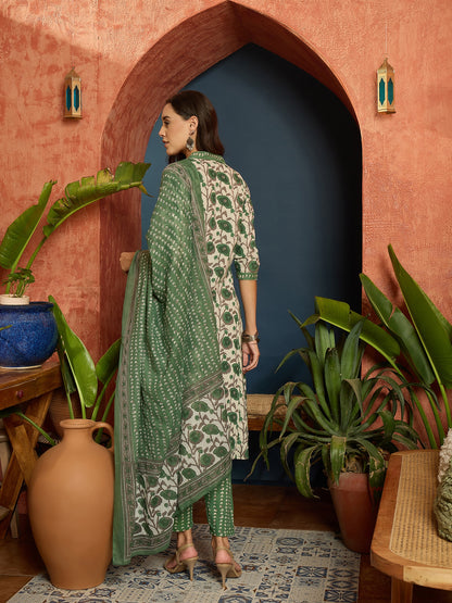 Floral Printed Cotton A-Line Kurta Pant Dupatta Set