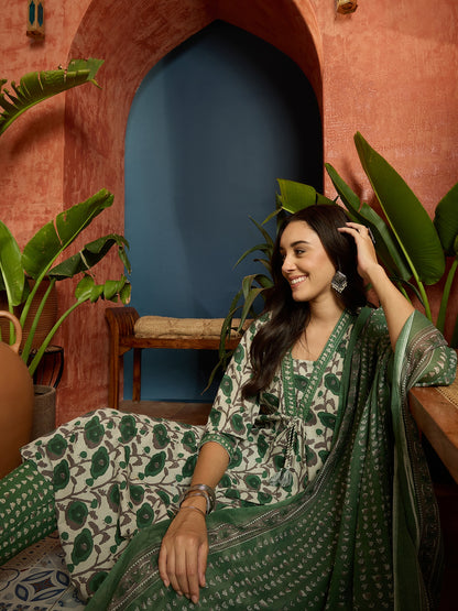 Floral Printed Cotton A-Line Kurta Pant Dupatta Set