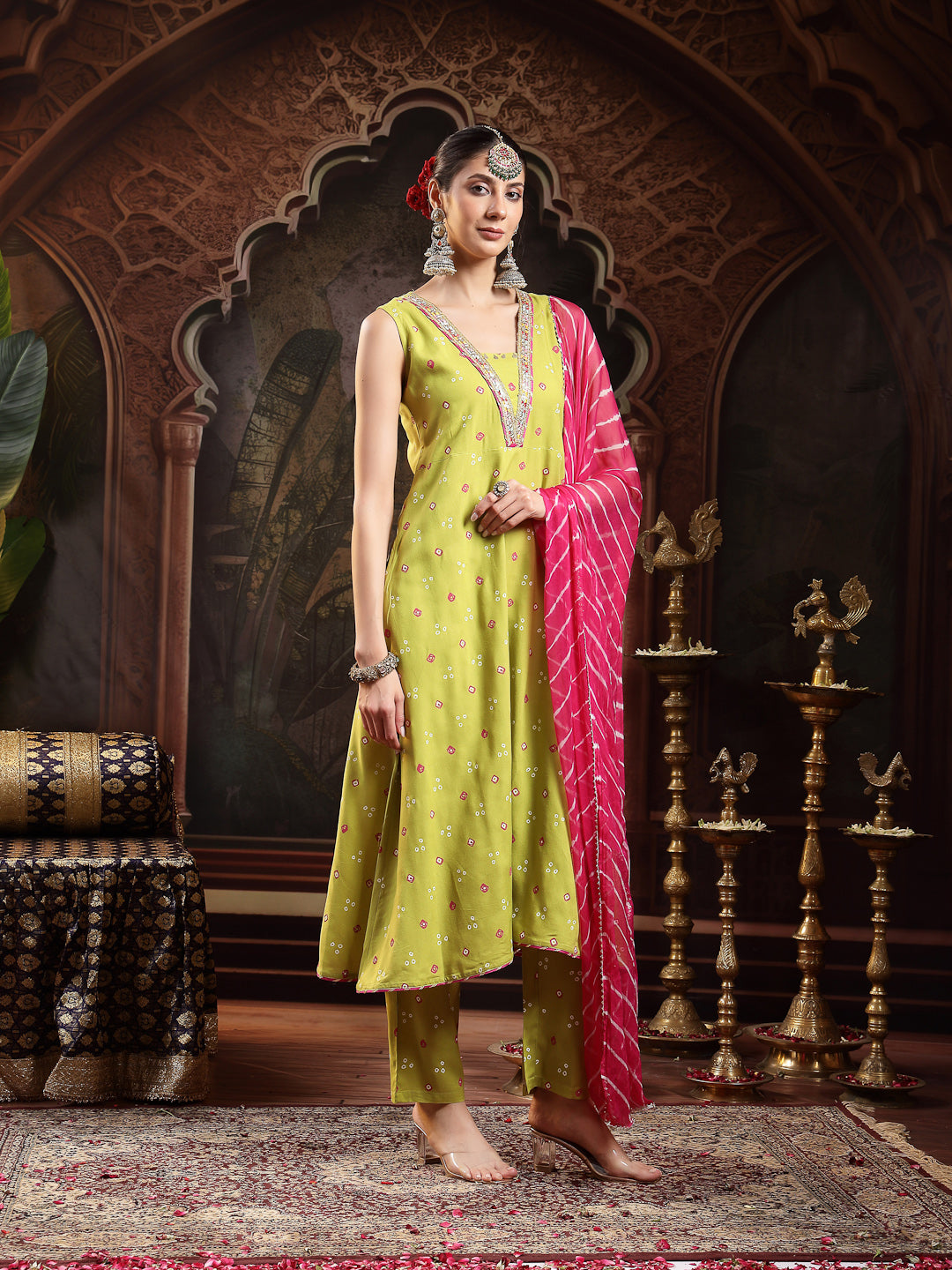 Bandhej Printed &amp; Embroidered Rayon A-Line Kurta Pant Dupatta Set
