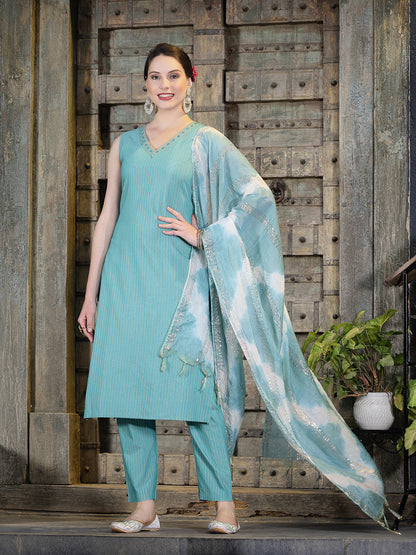 Woven Designed Cotton Blend Straight Kurta Pant Dupatta Set