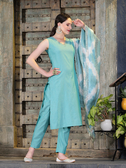 Woven Designed Cotton Blend Straight Kurta Pant Dupatta Set