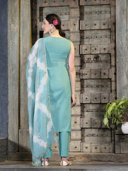 Woven Designed Cotton Blend Straight Kurta Pant Dupatta Set