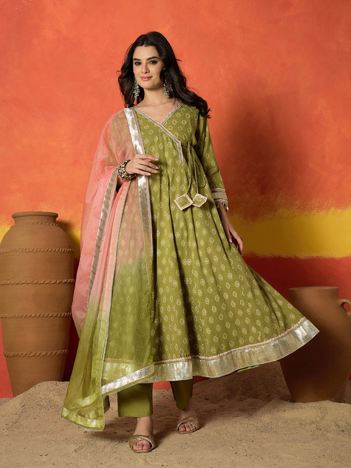 Ethnic Motif Printed Pure Cotton Anarkali Kurta Pant Dupatta Set
