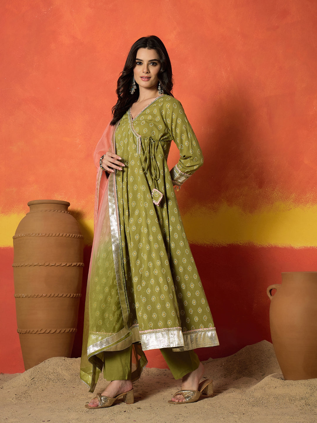 Ethnic Motif Printed Pure Cotton Anarkali Kurta Pant Dupatta Set