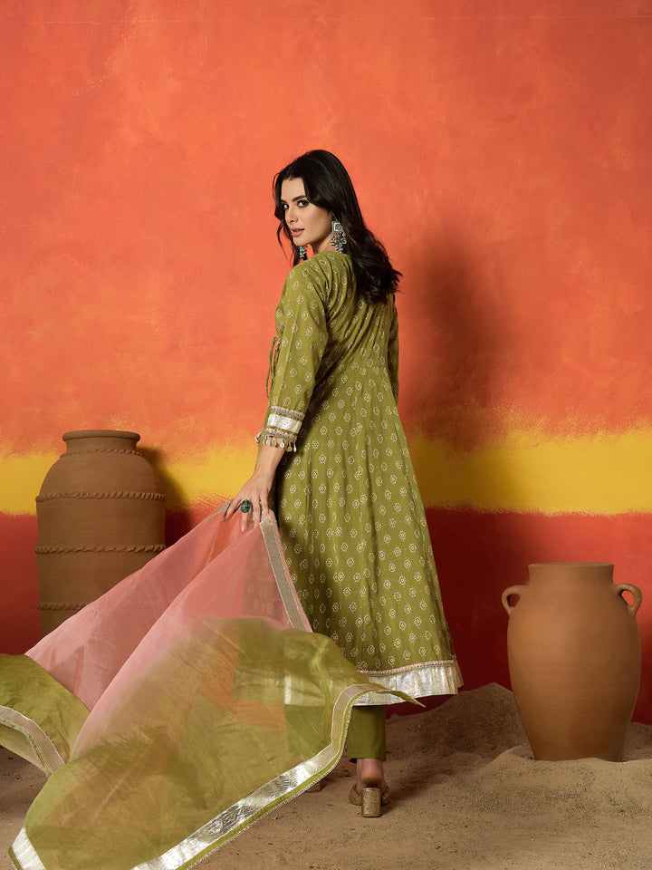 Ethnic Motif Printed Pure Cotton Anarkali Kurta Pant Dupatta Set