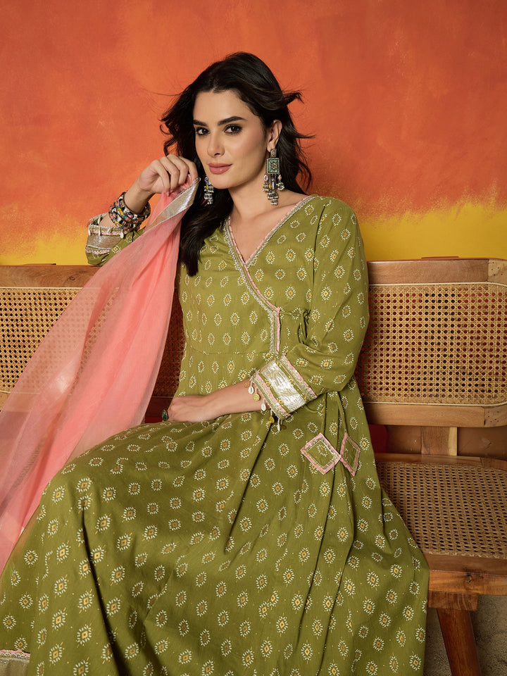 Ethnic Motif Printed Pure Cotton Anarkali Kurta Pant Dupatta Set