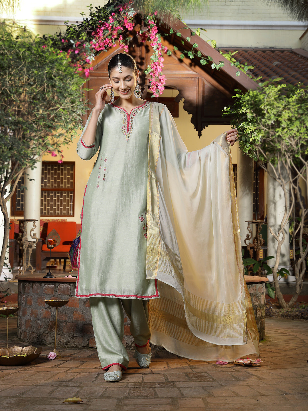 Green Solid & Embroidered Shimmer Silk Straight Kurta Pant Dupatta Set (Pre-Order)