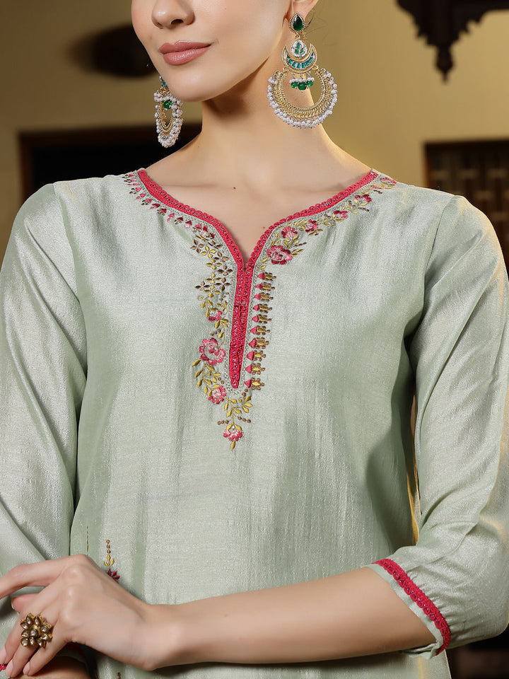 Green Solid &amp; Embroidered Shimmer Silk Straight Kurta Pant Dupatta Set