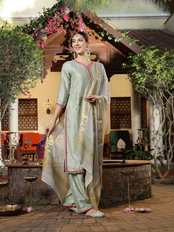 Green Solid &amp; Embroidered Shimmer Silk Straight Kurta Pant Dupatta Set