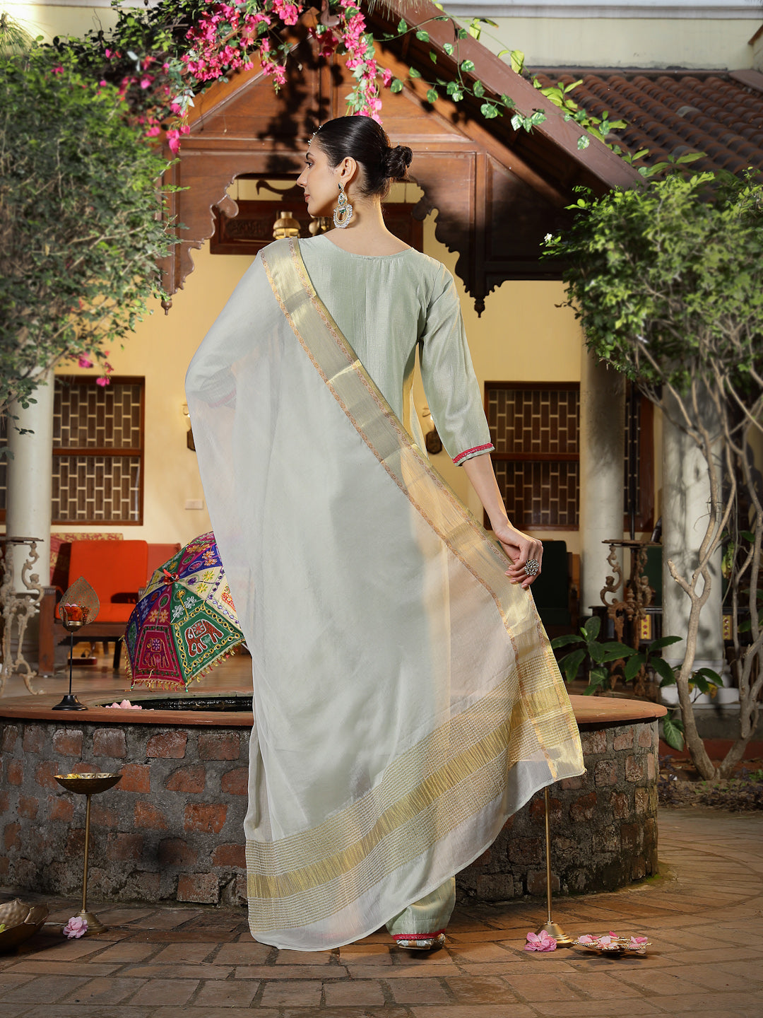 Green Solid &amp; Embroidered Shimmer Silk Straight Kurta Pant Dupatta Set