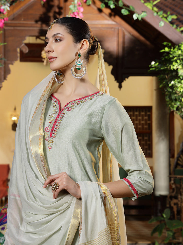 Green Solid &amp; Embroidered Shimmer Silk Straight Kurta Pant Dupatta Set