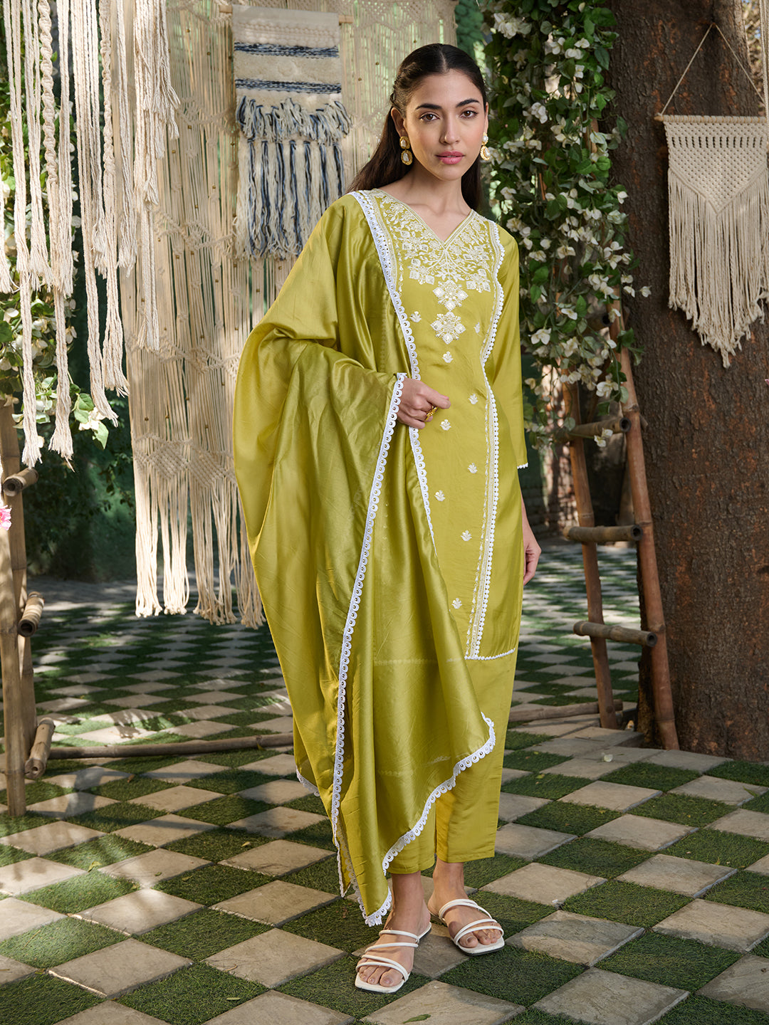 Green Embroidered Rayon Straight Kurta Pant Dupatta Set
