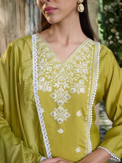 Green Embroidered Rayon Straight Kurta Pant Dupatta Set