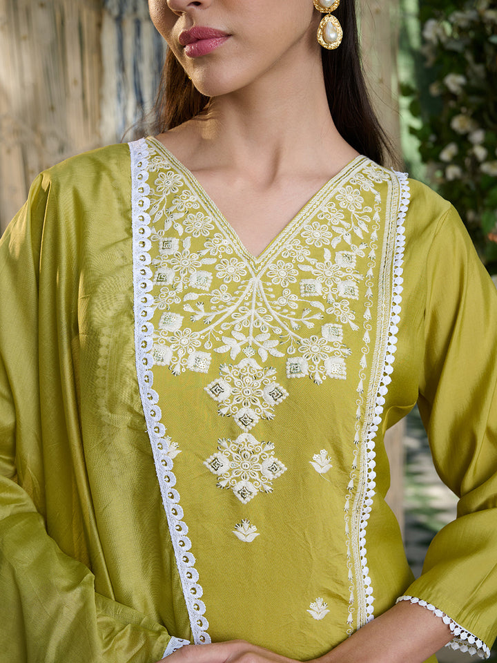 Green Embroidered Rayon Straight Kurta Pant Dupatta Set