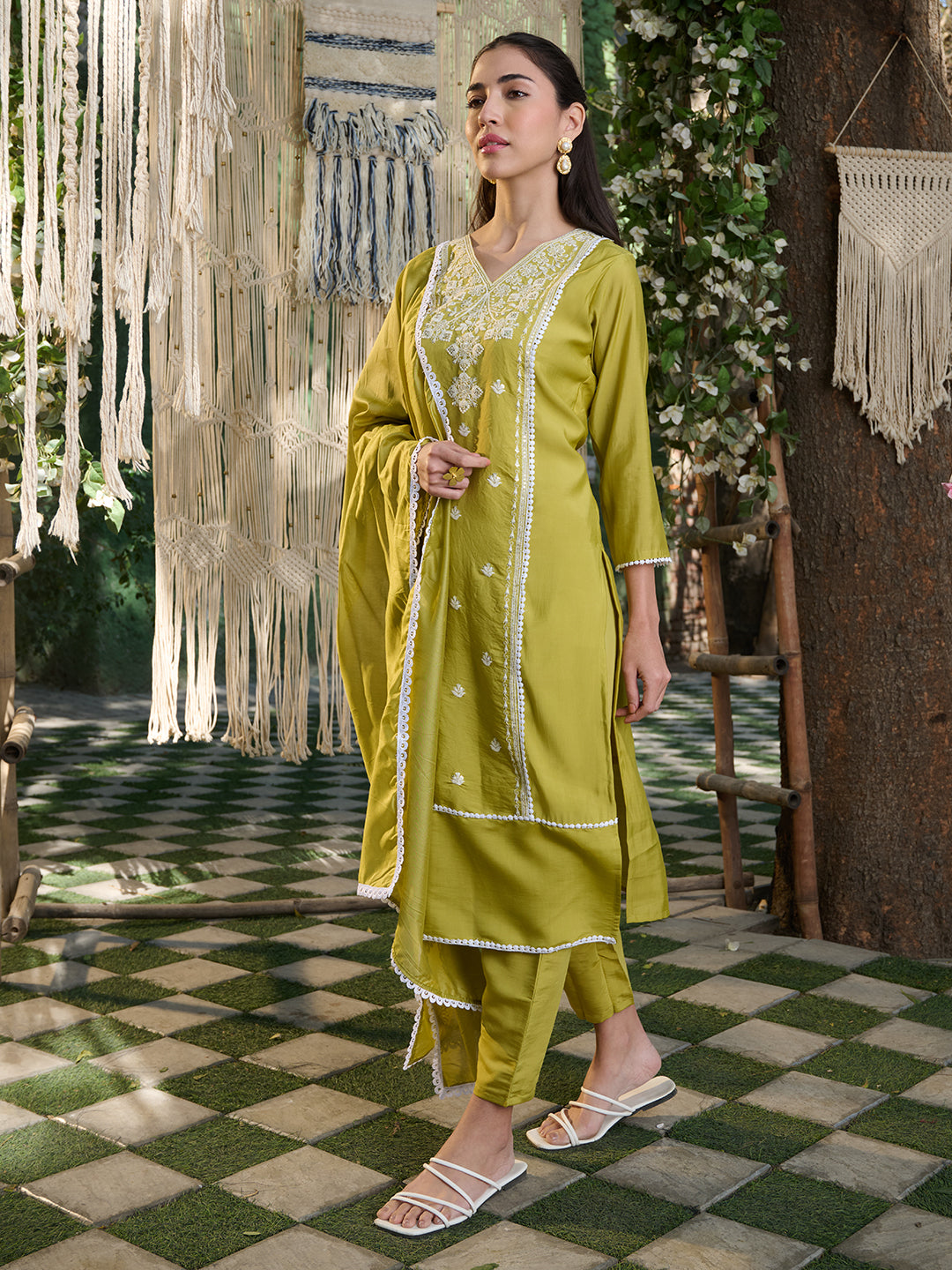 Green Embroidered Rayon Straight Kurta Pant Dupatta Set