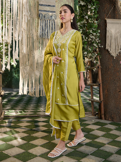 Green Embroidered Rayon Straight Kurta Pant Dupatta Set
