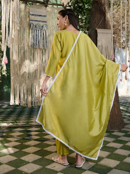 Green Embroidered Rayon Straight Kurta Pant Dupatta Set