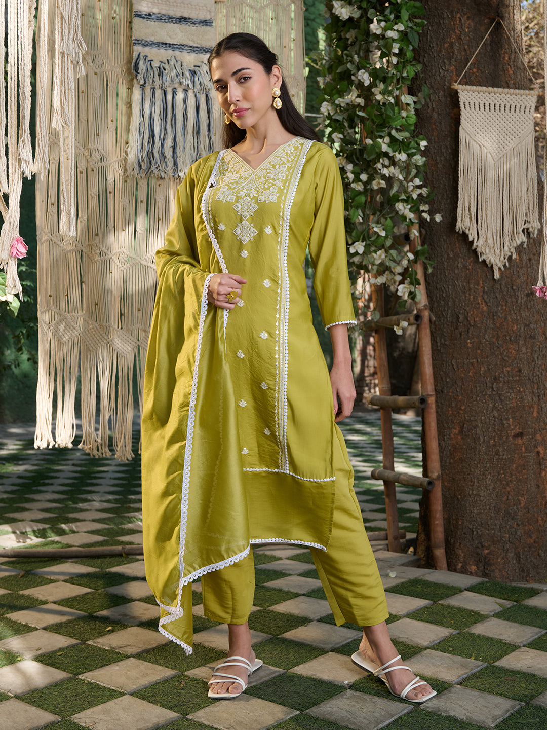 Green Embroidered Rayon Straight Kurta Pant Dupatta Set
