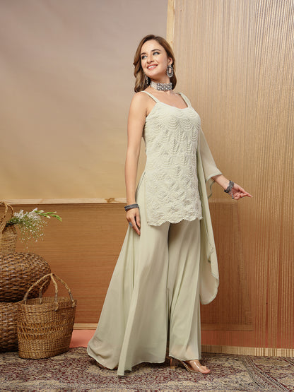 Solid & Embroidered Rayon Straight Kurti Palazzo Dupatta Set