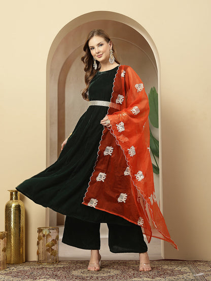 Women's Green Solid Velvet Flared Kurta Palazzo Dupatta Set