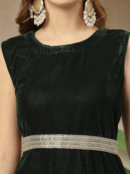 Women's Green Solid Velvet Flared Kurta Palazzo Dupatta Set