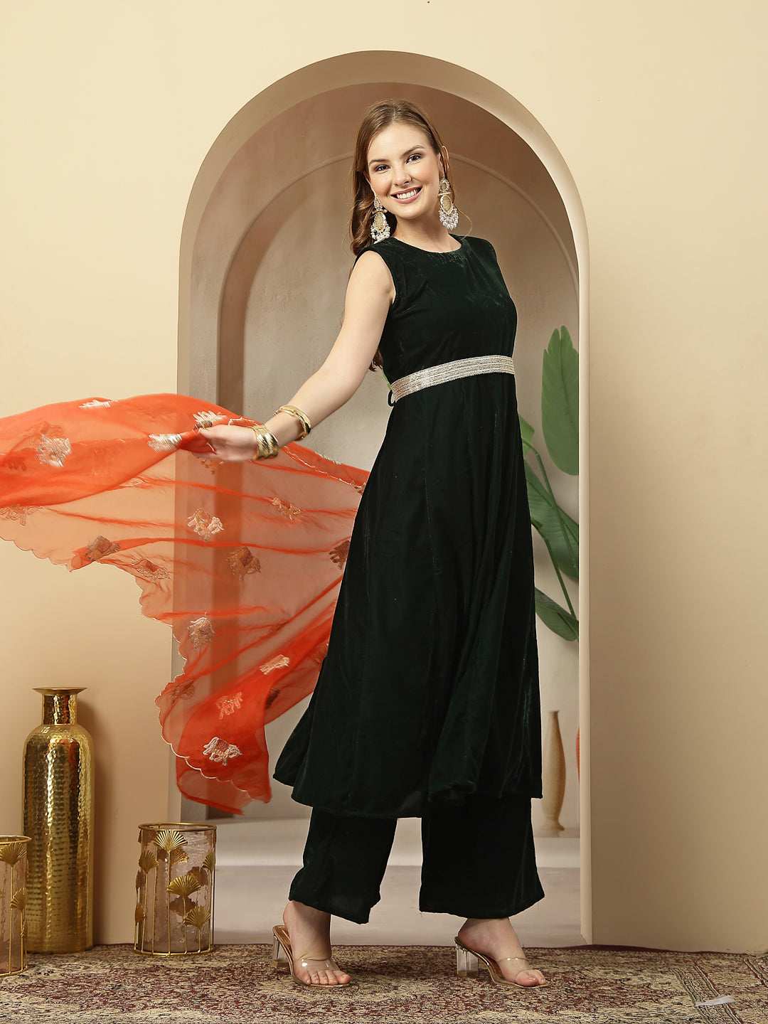 Women's Green Solid Velvet Flared Kurta Palazzo Dupatta Set