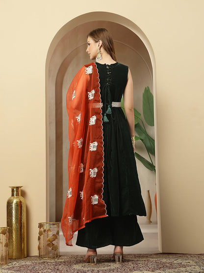 Women's Green Solid Velvet Flared Kurta Palazzo Dupatta Set