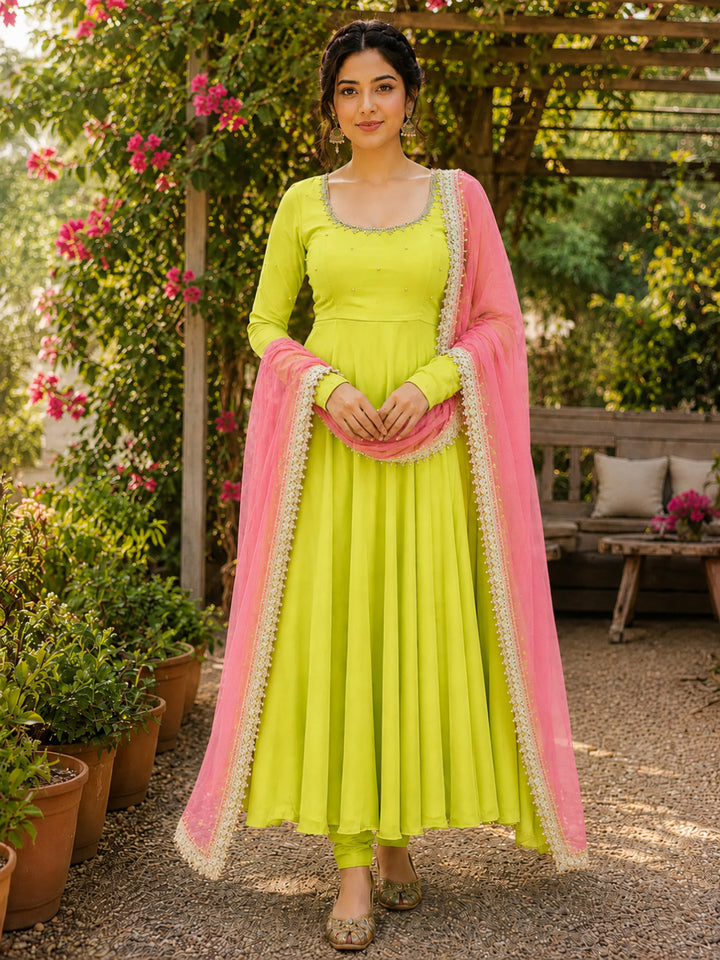 Solid &amp; Embroidered Rayon Anarkali Kurta Pant Dupatta Set