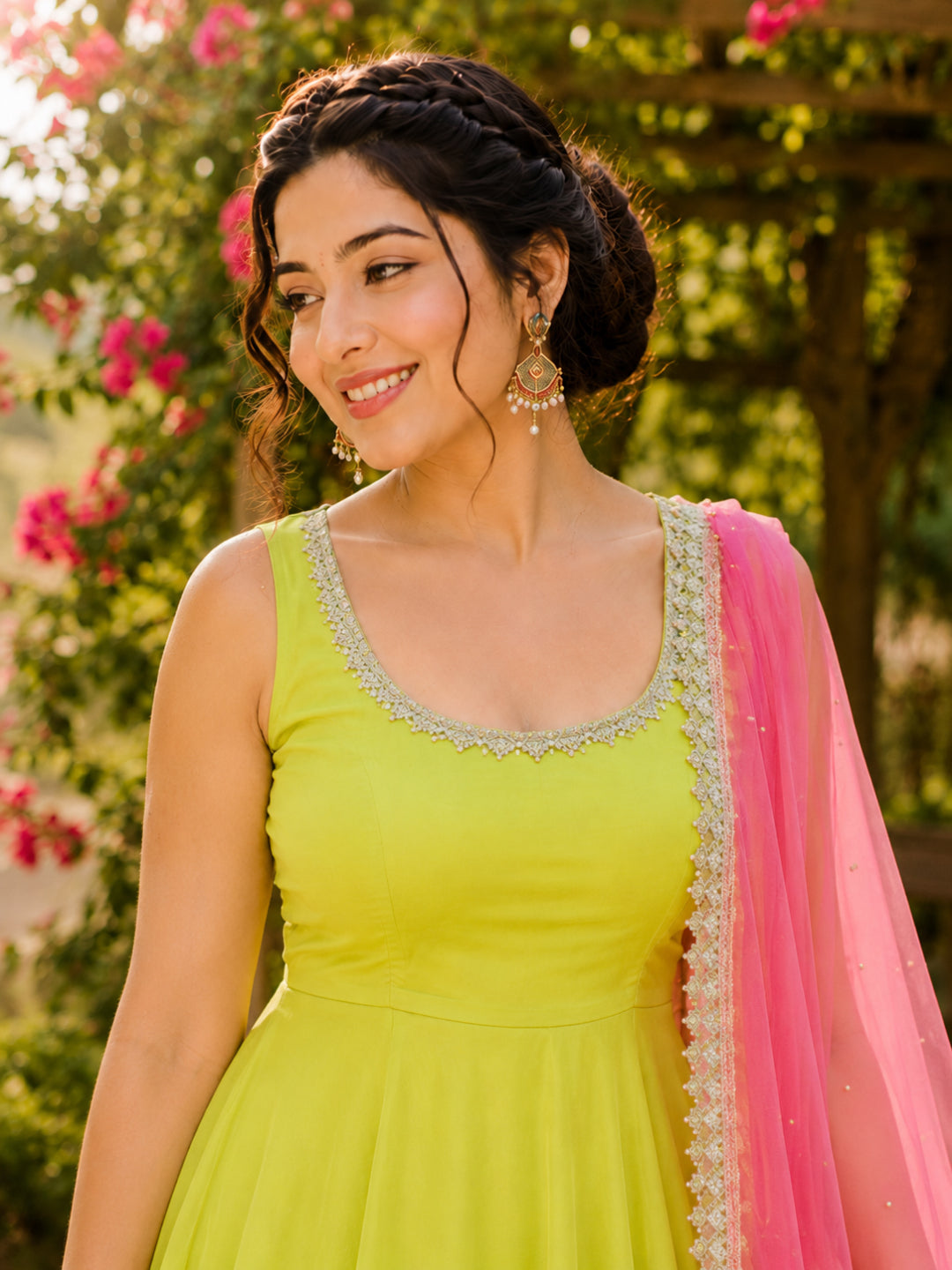 Solid &amp; Embroidered Rayon Anarkali Kurta Pant Dupatta Set