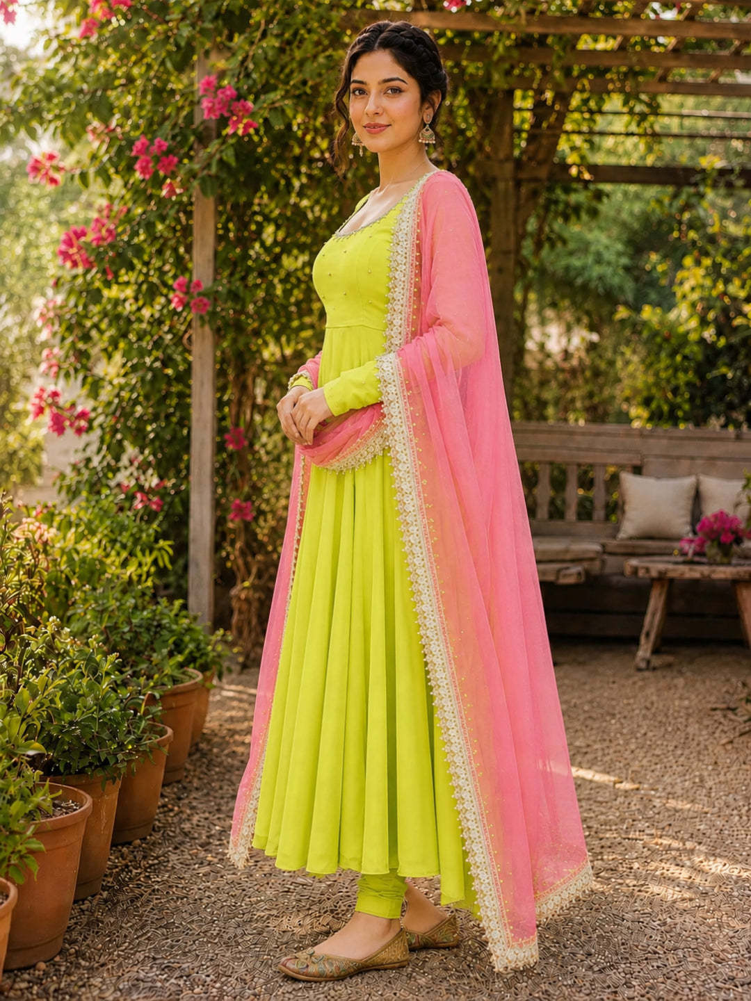 Solid &amp; Embroidered Rayon Anarkali Kurta Pant Dupatta Set