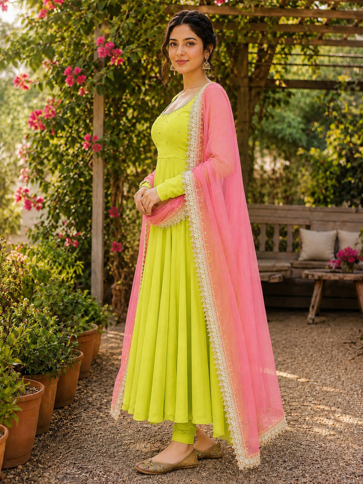 Solid &amp; Embroidered Rayon Anarkali Kurta Pant Dupatta Set