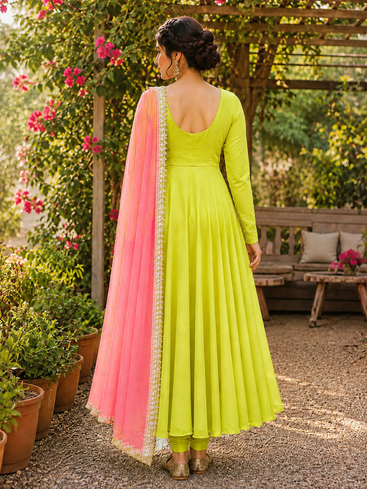 Solid &amp; Embroidered Rayon Anarkali Kurta Pant Dupatta Set