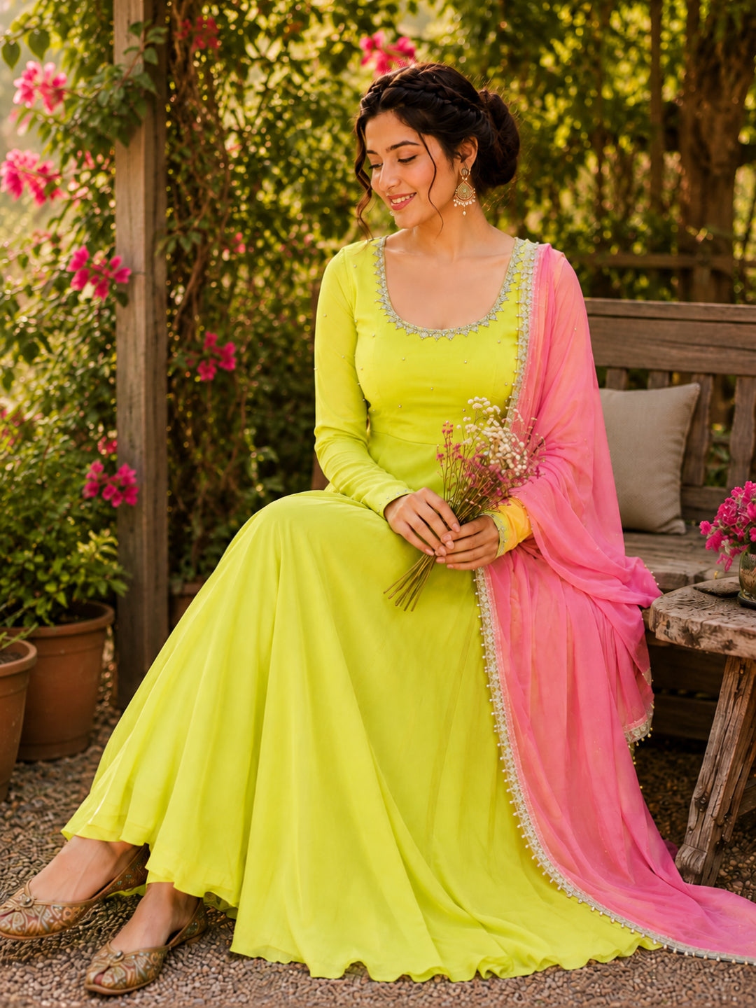 Solid &amp; Embroidered Rayon Anarkali Kurta Pant Dupatta Set